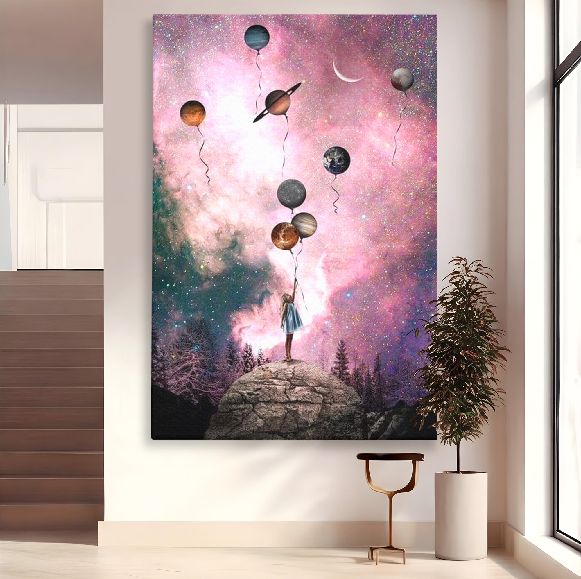 Tablou canvas cu ilustratie fetita tinand baloane planete, fara rama, pe sasiu de lemn